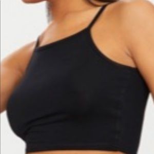 Basic Black Cotton Blend Racer Neck Crop Top